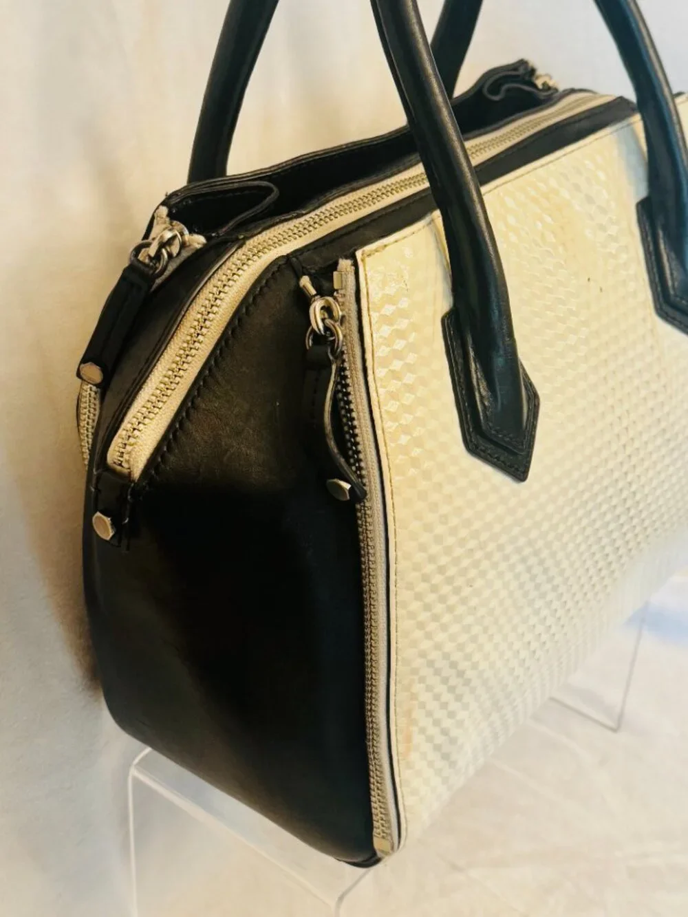 Rebecca Minkoff Perry Satchel Black Eggshell Outer Zipper pockets No strap READ